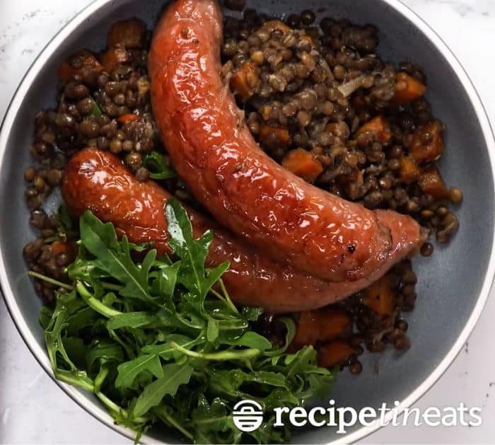 How To Make One-Pan Baked Sausages & Lentils