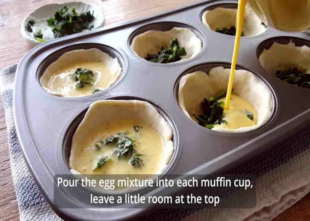Assembling the mini quiche to in the muffin tin cups