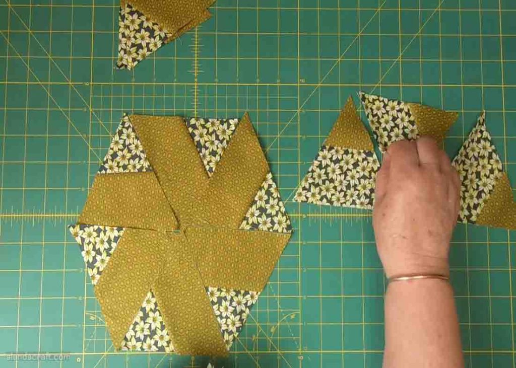 Assembling the pinwheel hexagon quilt block