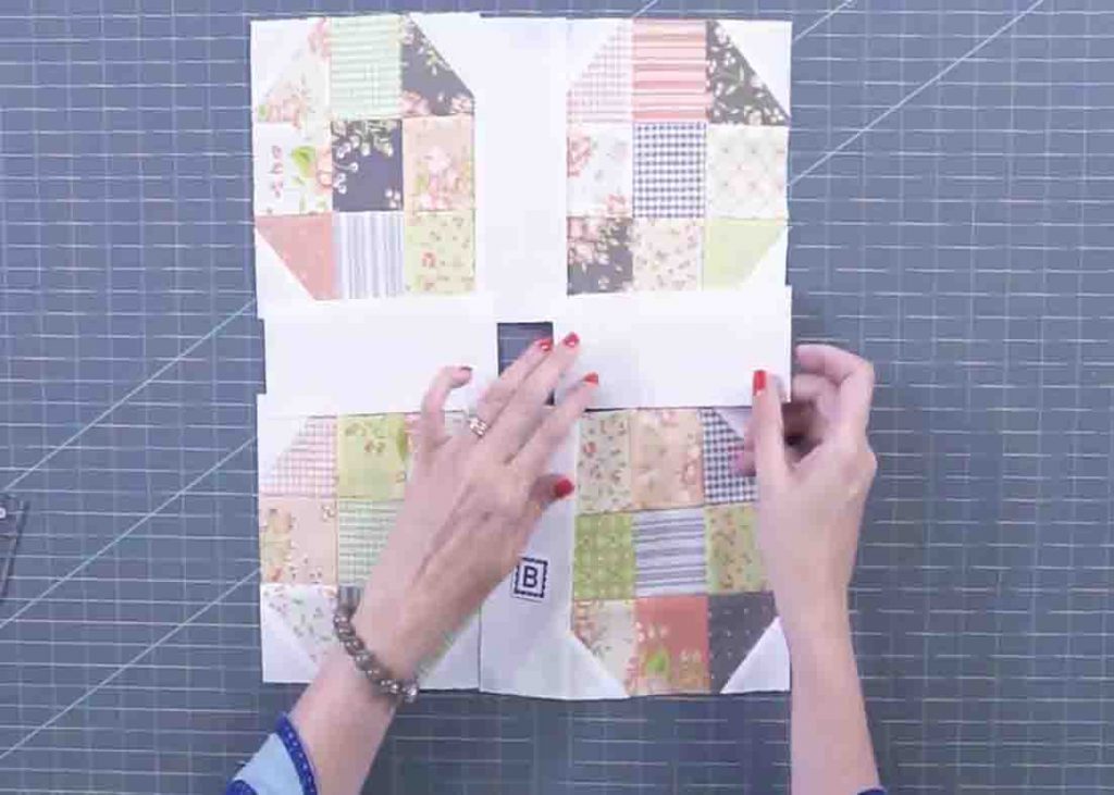 Layering the quilt block for the mini charm pack muffins quilt