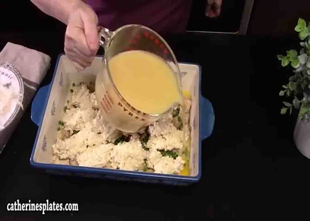 Assembling the canned chicken cobbler casserole