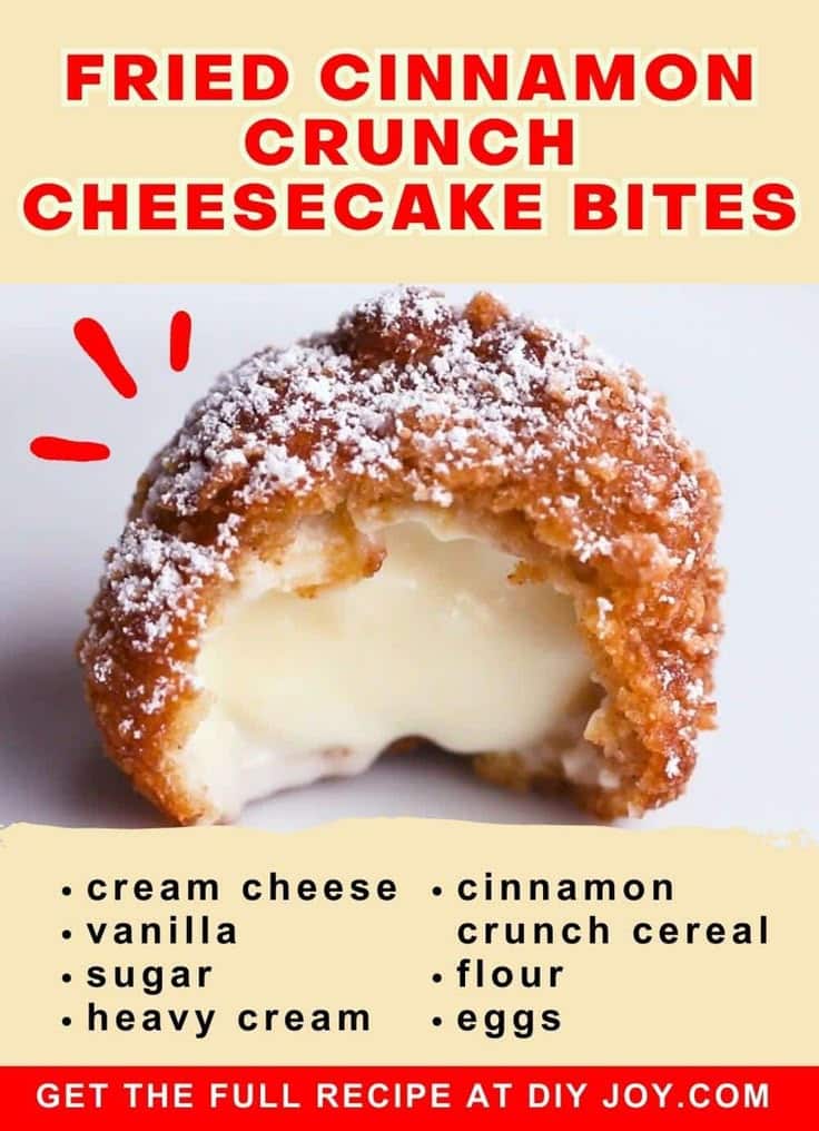 Fried cinnamon cheesecake bites recipe with ingredients for easy cheesecakes