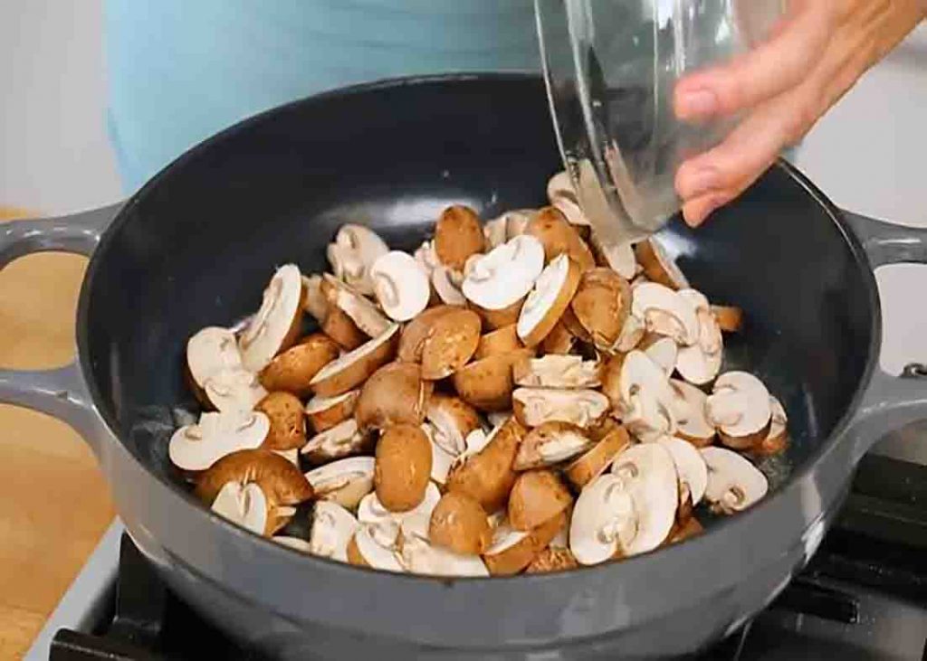 Cooking the mushrooms for the mushroom orzo recipe
