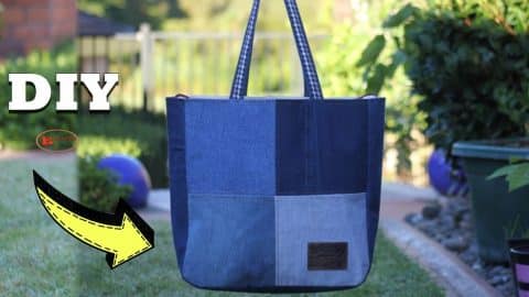 Upcycled Handcrafted Denim Jeans Blue Chequered Tote Bag