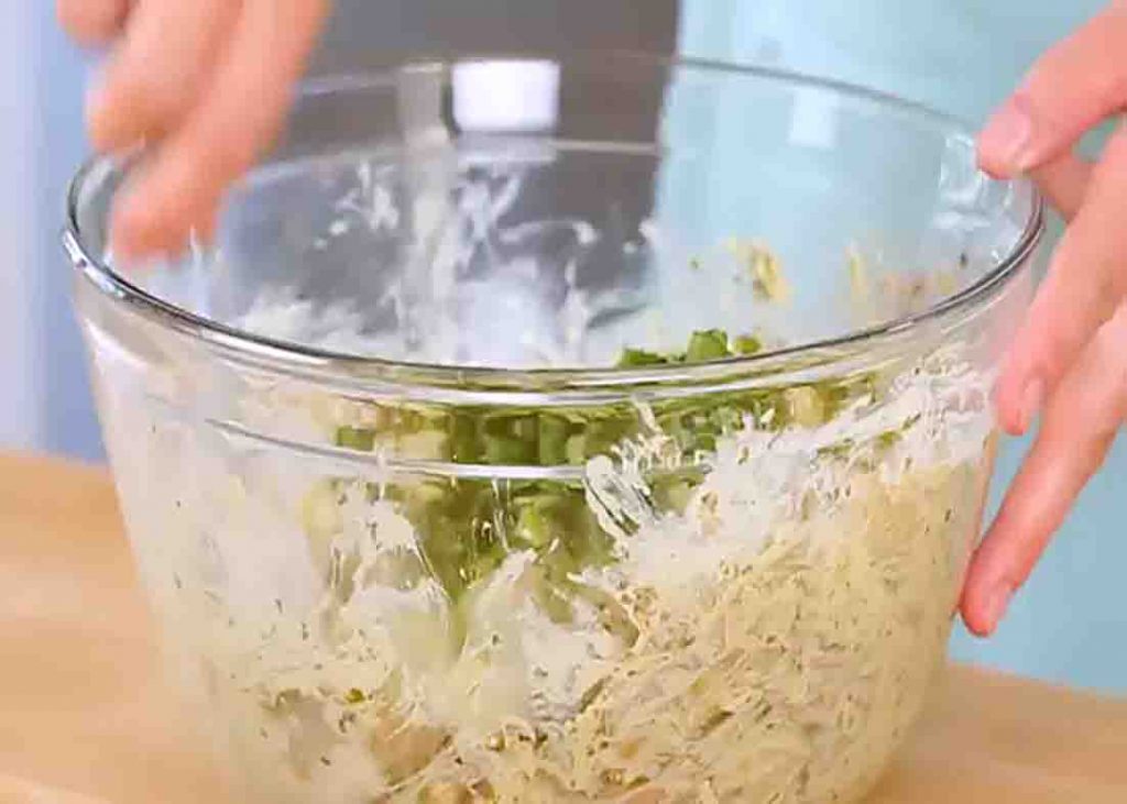 Assembling the pesto potato salad