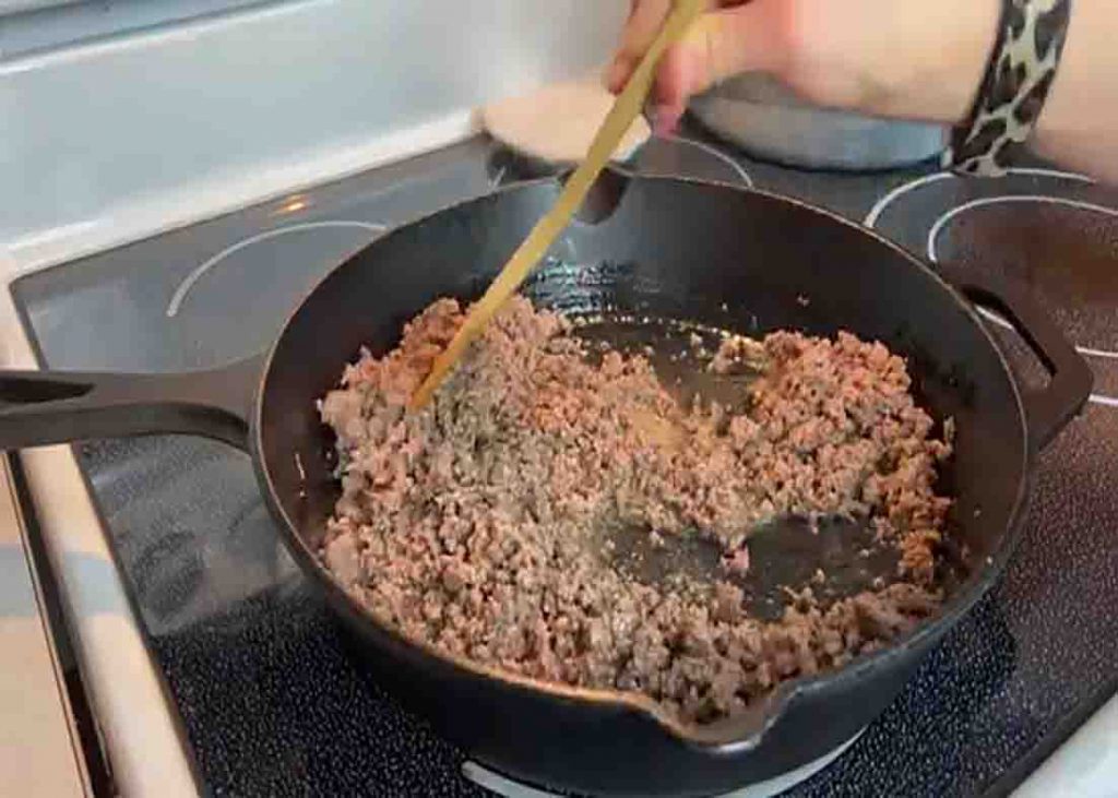 Cooking the ground beef for the beef stroganoff recipe