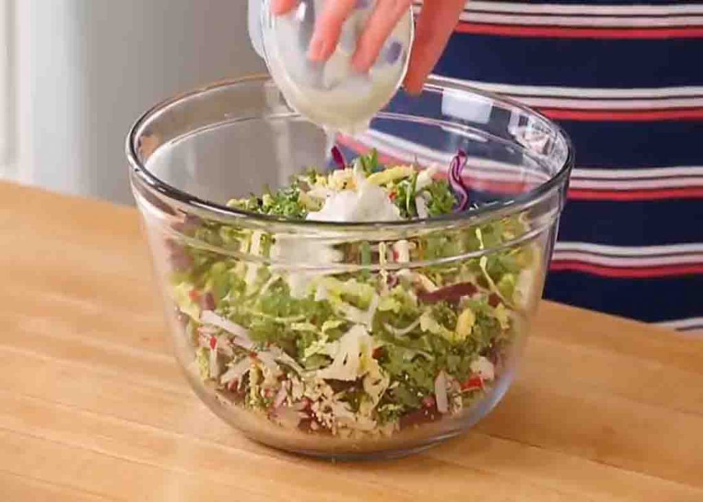 Assembling the dill pickle salad