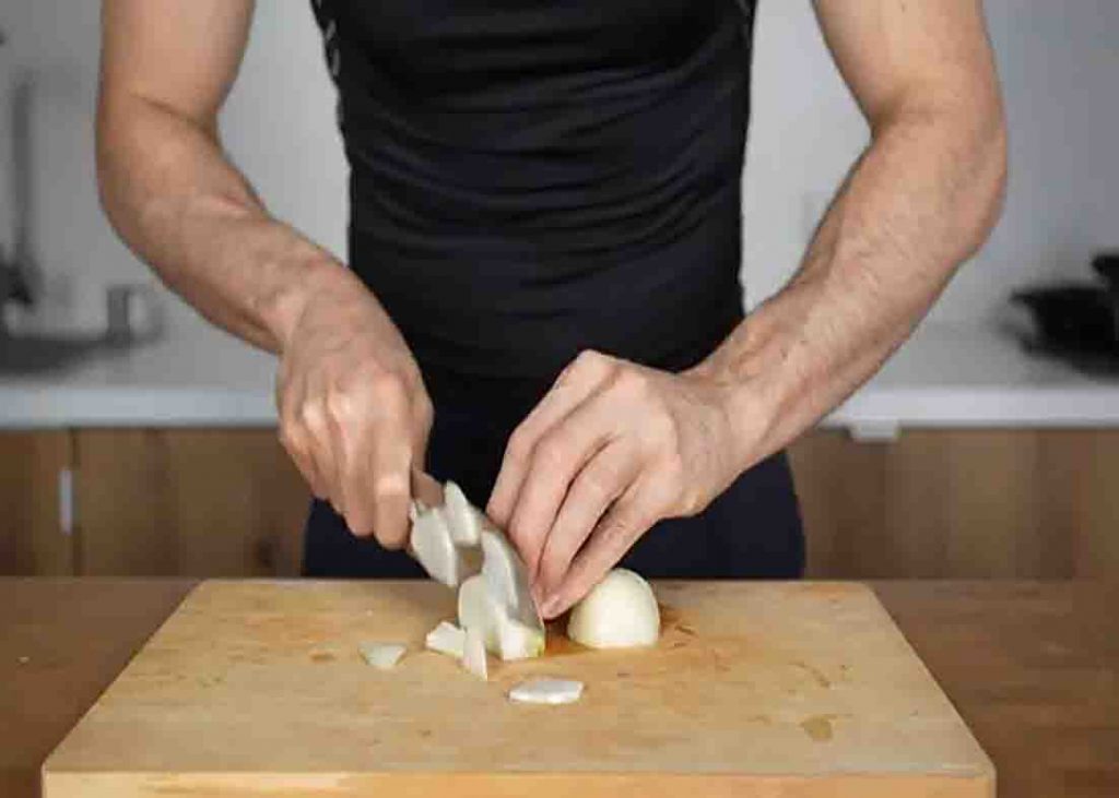 Chopping the veggies for the Texas style rice and beef recipe