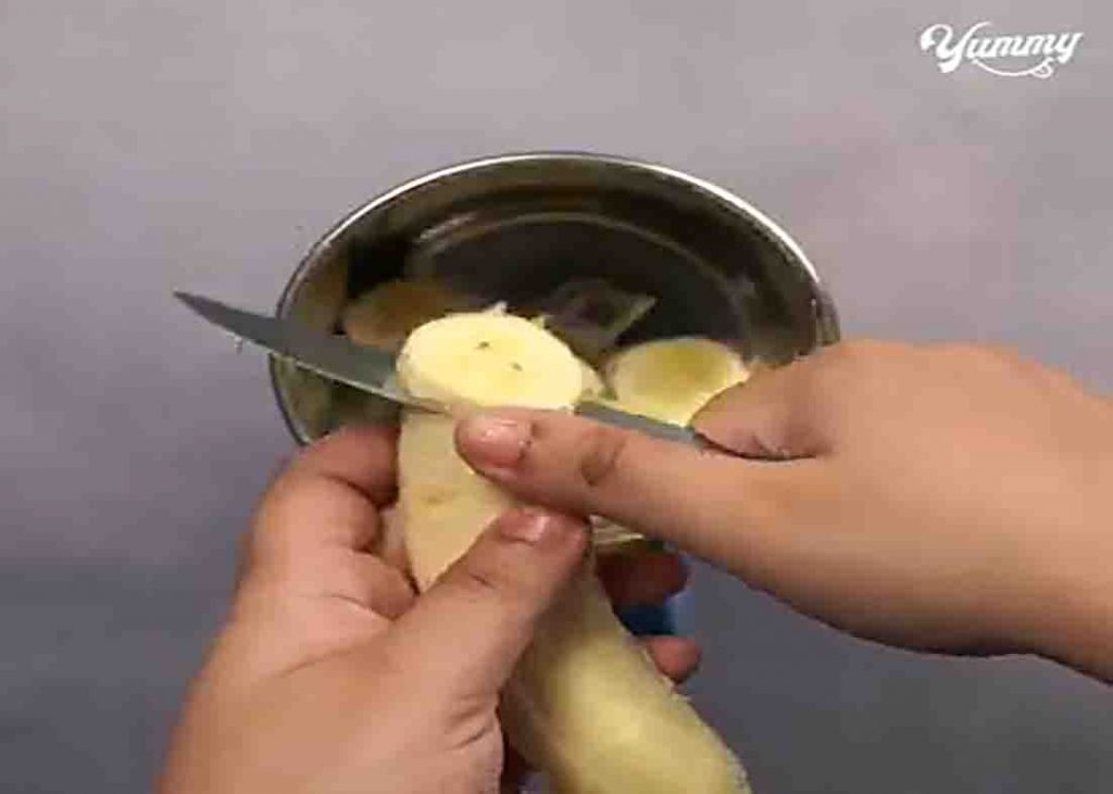 Slicing the bananas for the homemade ice cream