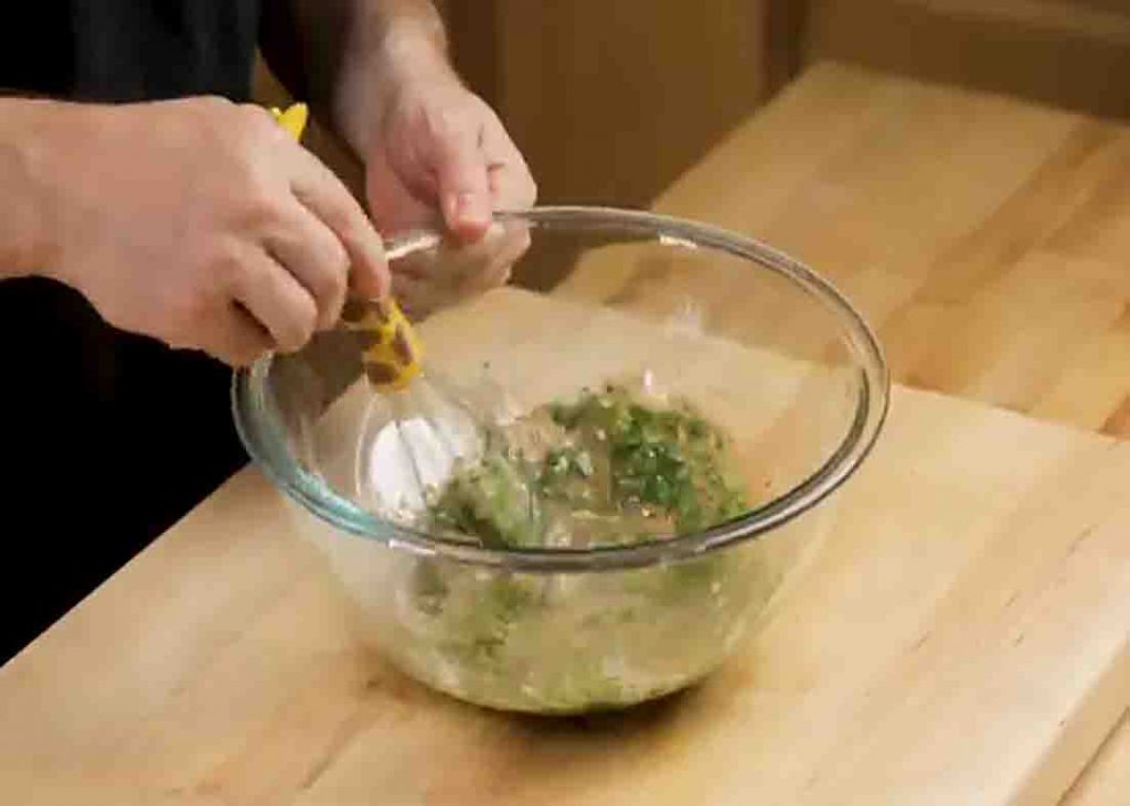 Making the vinaigrette for the green bean potato salad