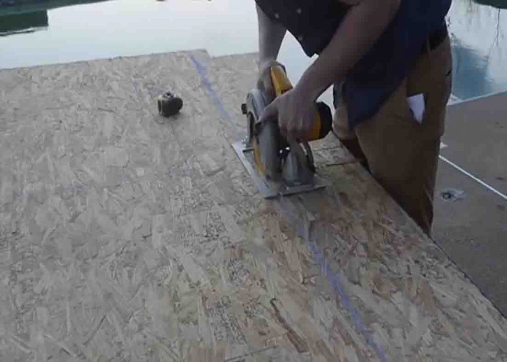 Cutting the plywood for the DIY tufted bench