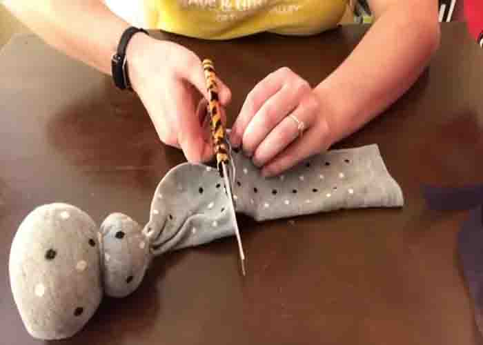Making the ears of the no-sew sock bunnies