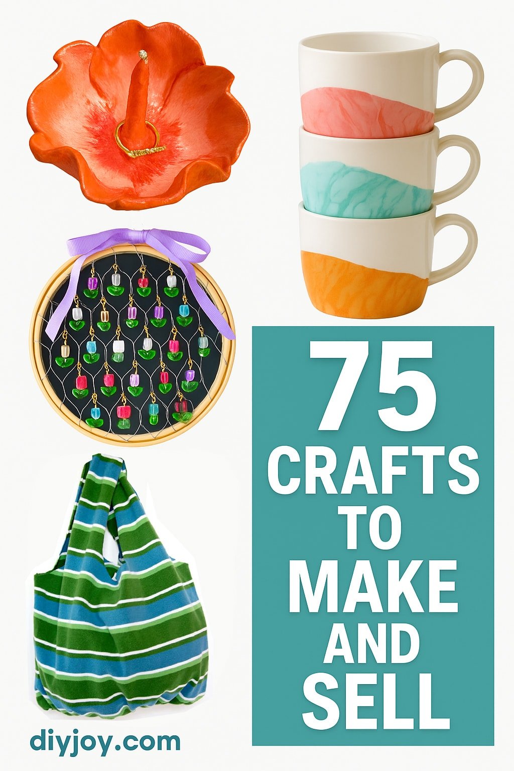 Top sellling crafts picutred with words 75 crafts to make and sell. DIY ideas shown in photo