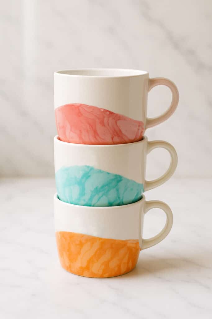 Marbled nail polish mugs made with pink, green and orange swirl pattern for a stack of crafts to sell
