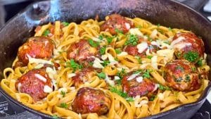 Easy Skillet French Onion Chicken Meatball Pasta Recipe