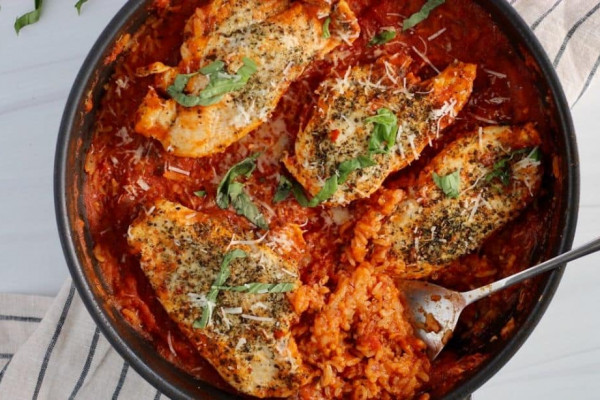 One-Pan Tomato Basil Chicken & Rice Recipe