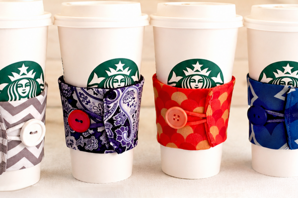 Fabric Scraps sewing project idea for patterned coffee cozies that fit paper cups like Starbucks