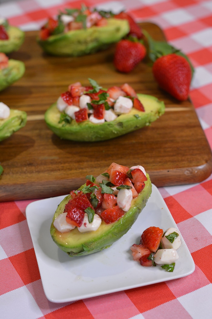 Strawberry Basil Caprese Salad Stuffed Avocado Recipe for An Easy Summer Dinner Recipe