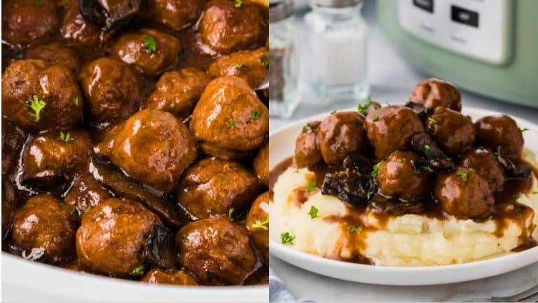 Slow cooker meatballs smothered in a thick mushroom and onion gravy, garnished with fresh parsley.