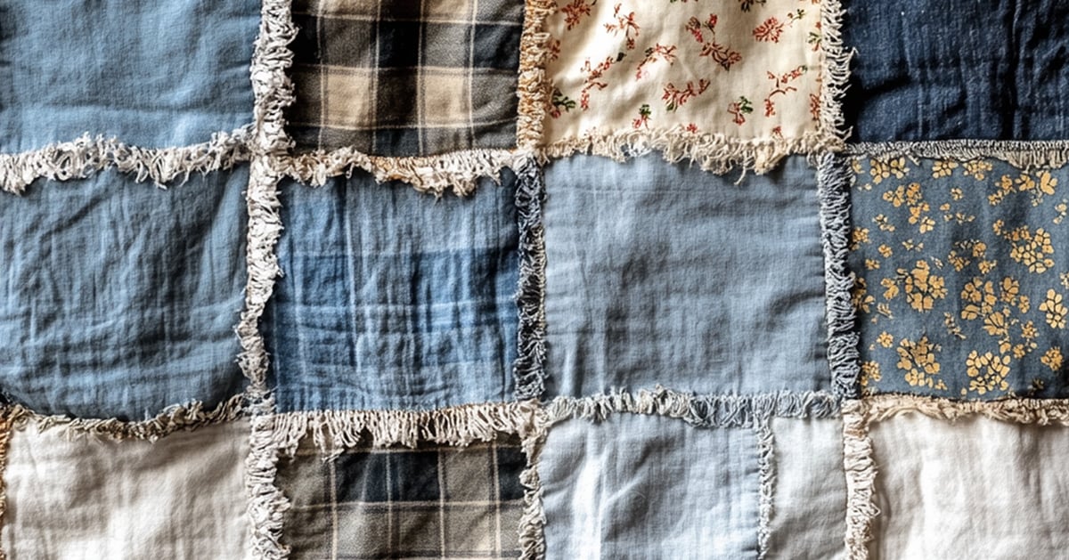 Soft rag quilt sewn from squares of flannel and cotton fabric scraps with frayed ragged seams, folded on a bed