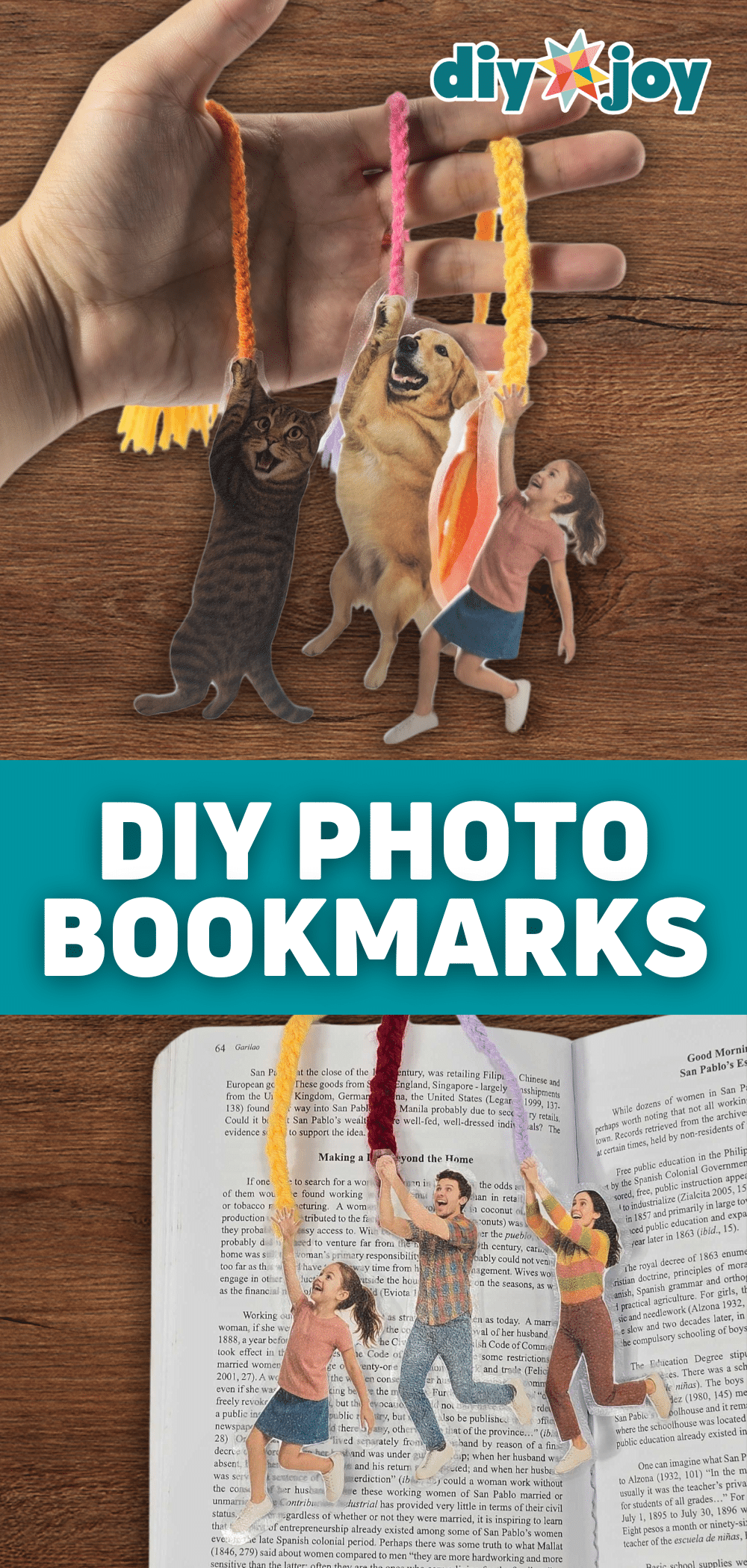 Cutout photo bookmarks of a cat, a dog, a girl and two people hanging from yarn tassels over an open book, held up by a hand
