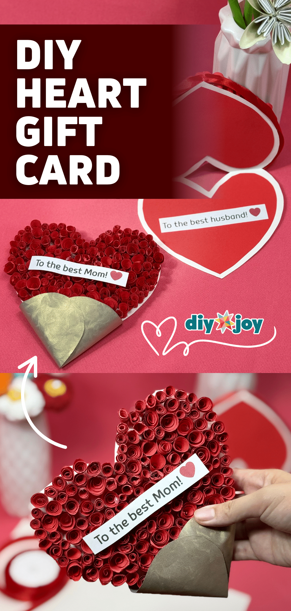 Rolled Rose Heart Card Heart card covered in tiny rolled red paper roses with a To the best Mom banner, tucked in a kraft paper cone
