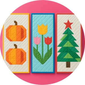 Handmade seasonal quilts featuring holiday themes and seasonal colors, including fall, Christmas, and spring designs.