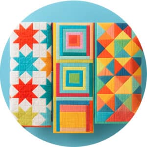 Handmade quilts displayed on a bed and folded on a ladder, featuring colorful patterns and detailed stitching.
