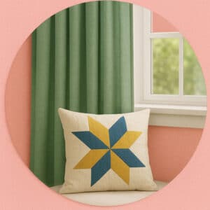 Hand-sewn fabric curtains hanging in a sunlit window, made with a simple DIY sewing pattern.