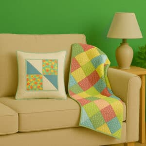 Hand-sewn home decor items including curtains, throw pillows, and fabric table runners.