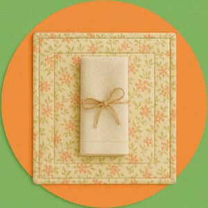 Handmade table decor including a fabric placemat, cloth napkin, and table runner in coordinating colors.