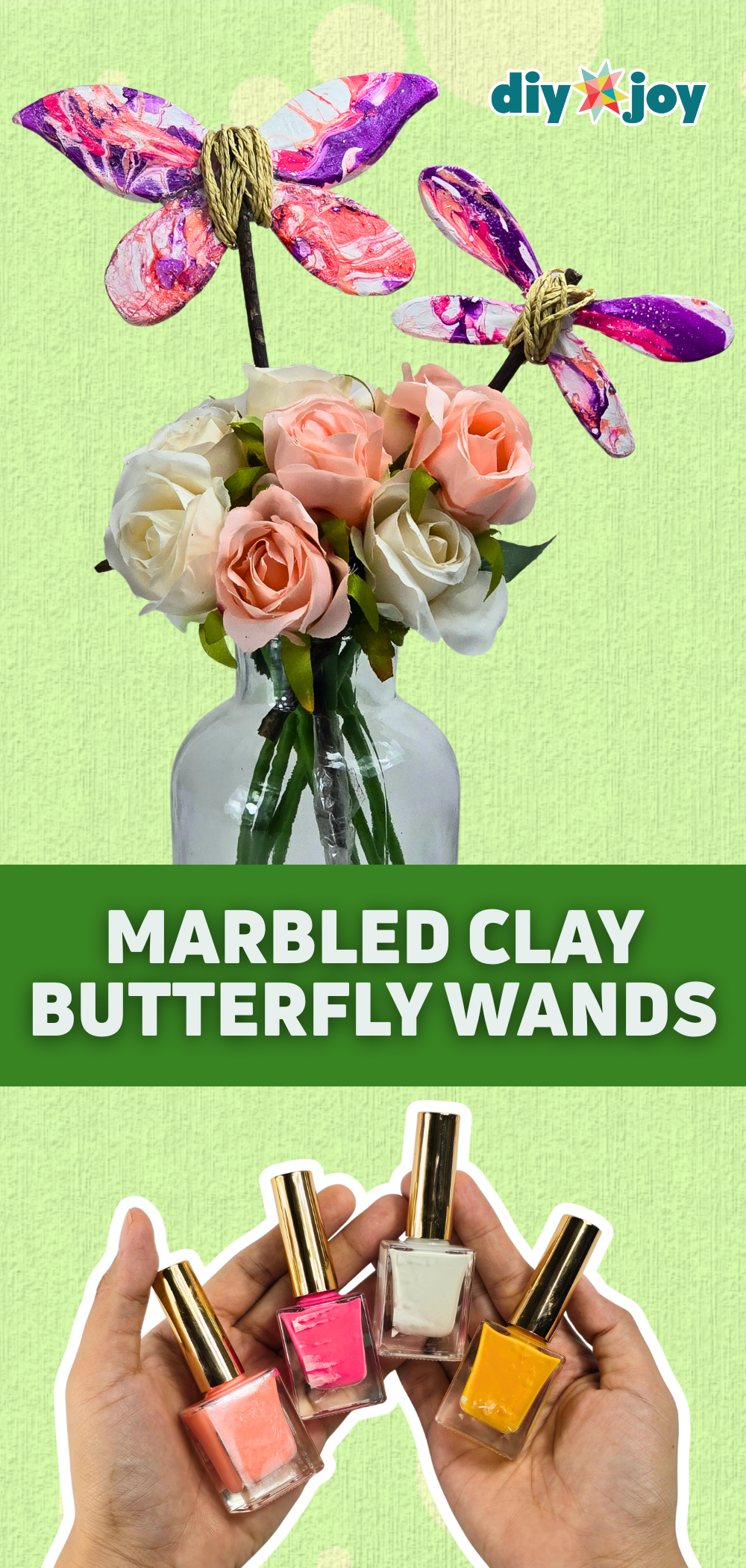 Marbled Clay Butterfly Wand | Plant Decor Marbled clay butterfly wand, pink and purple marbled clay butterfly and dragonfly wings on sticks in a vase of roses