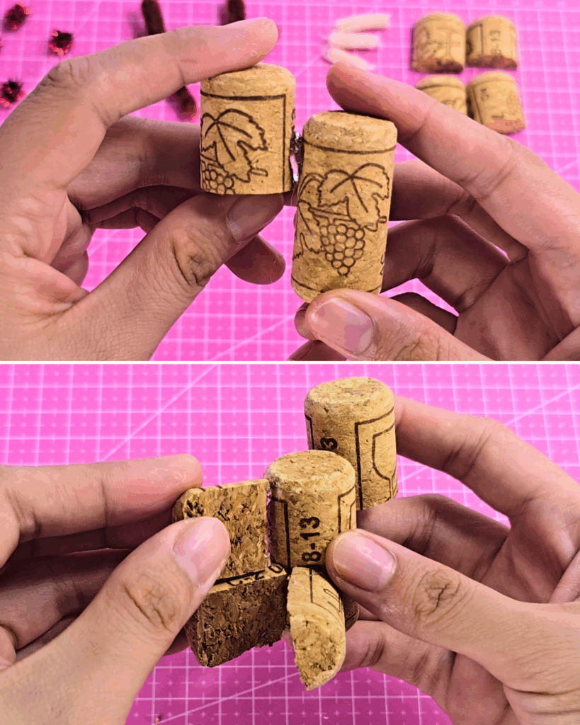DIY Wine Cork Crafts - hands holding whole corks beside four short cut cork pieces, and fitting a cut piece against a cork body