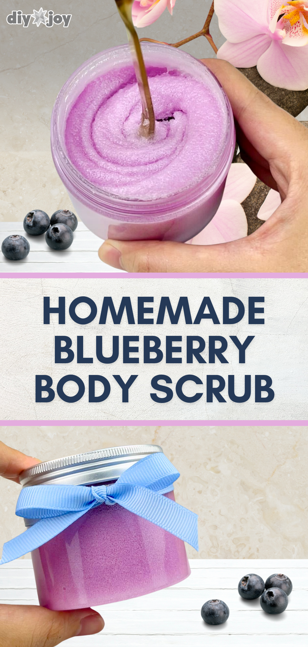 DIY blueberry scrub, two jars of purple sugar scrub with a blue ribbon bow beside fresh blueberries and a pink orchid