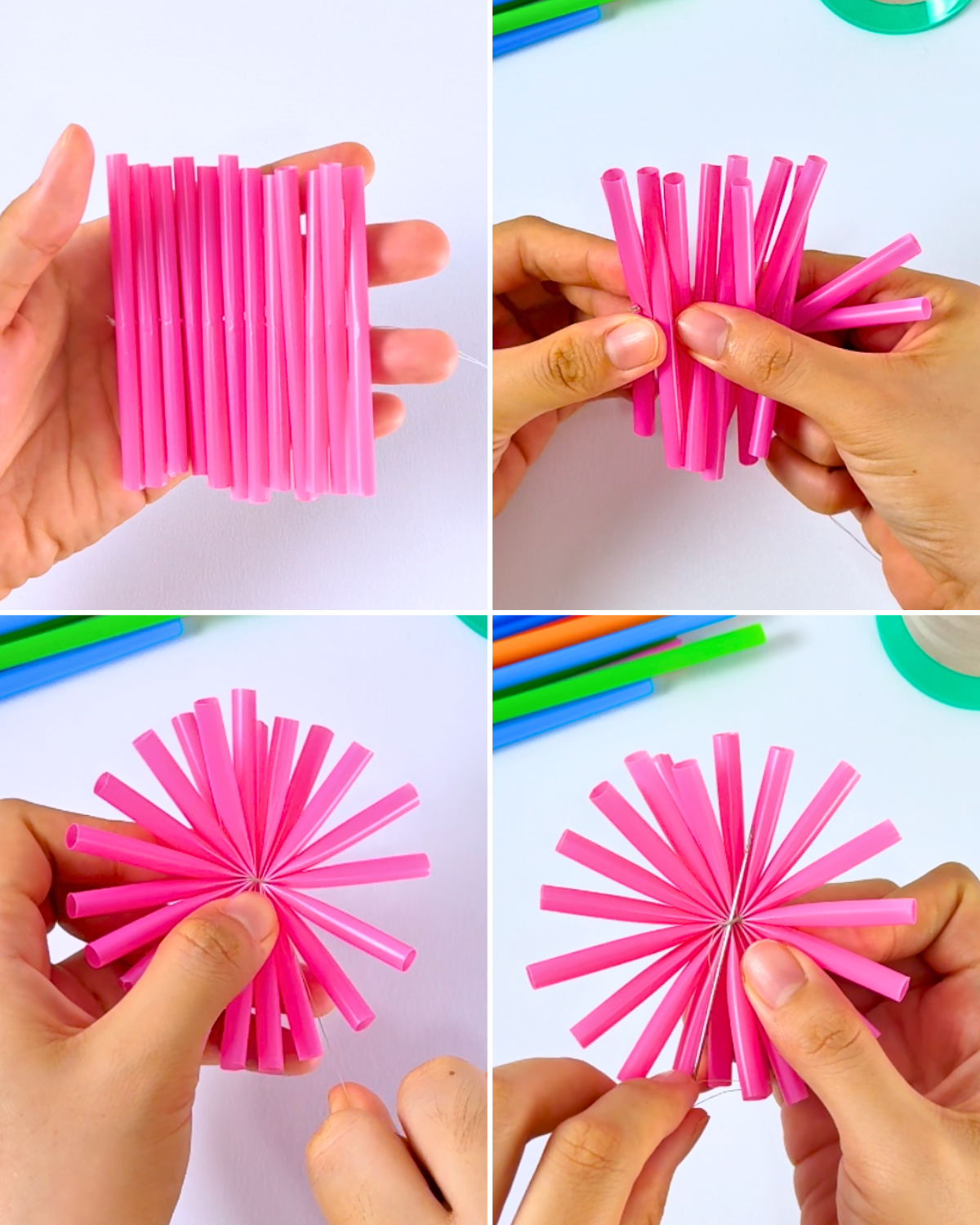 Compressing a straw into a circular shape and wrapping thread around to secure the flower form.