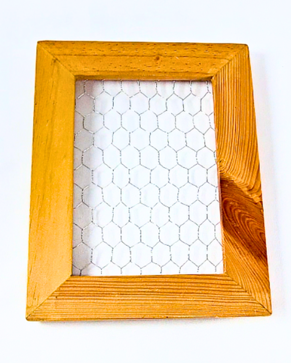 Picture frame with chicken wire displayed.