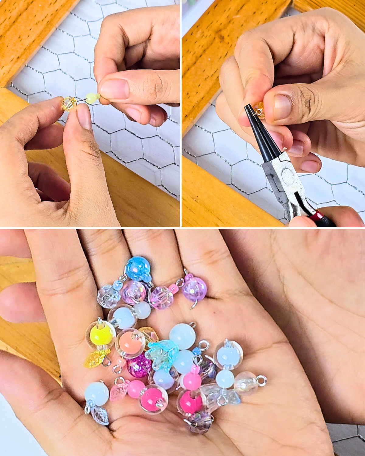 Hands threading beads onto headpins, bending ends with pliers, and showing a handful of finished bead pieces for a picture frame suncatcher.