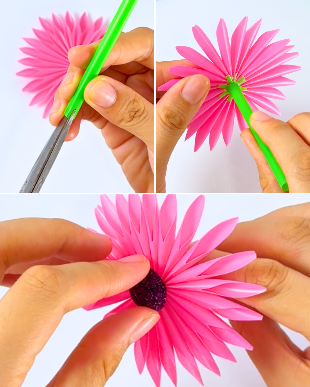 Cutting the end of a green straw for the stem and adding a circle center to form a flower.