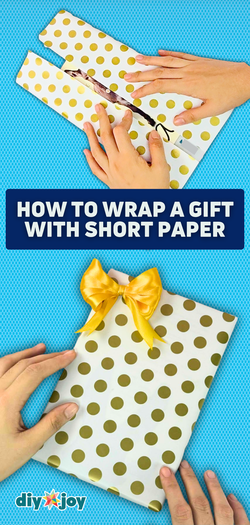 How to wrap gifts with short paper, hands folding gold polka dot paper diagonally around a book, then the finished gift
