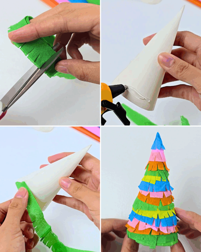 Cheap DIY Halloween Ideas - four panels showing scissors fringing green crepe paper, a hot glue gun on the cone tip, a hand wrapping green fringe around the cone base, and the finished cone covered in layered green, orange, pink and blue fringe