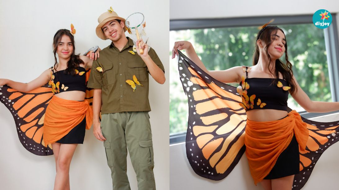 Last minute DIY Halloween costumes — butterfly and butterfly catcher couples costume, easy step-by-step tutorial