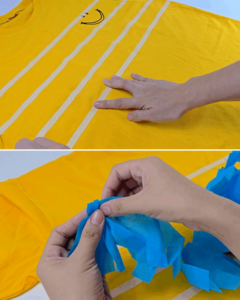 DIY Crafts - top panel shows a hand pressing masking tape stripes diagonally across the front of a folded yellow t-shirt, bottom panel shows two hands scrunching a blue crepe fringe strip along its top edge over the shirt