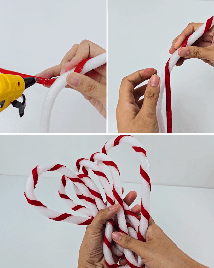 How to Make a Giant Lollipop - three panels showing a hot glue gun attaching a red strip to the tip of a white foam stick, a hand spiraling the strip down the length of the foam, and two hands coiling the finished red and white striped foam into a large swirl