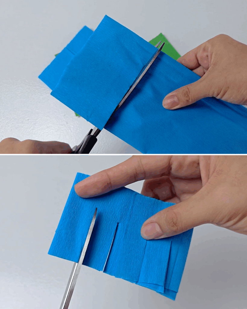 How to Make a Piñata Shirt - top panel shows scissors cutting a folded blue crepe paper strip with green fringe behind it, bottom panel shows two hands cutting evenly spaced fringe notches along the bottom edge of the folded blue strip