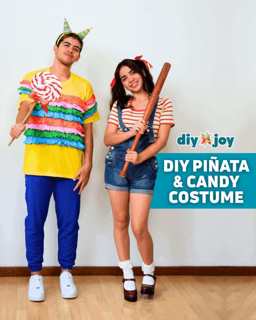 Matching Halloween Costumes - a vertical share graphic showing both costumed people together against a white wall with a teal text banner on the right reading DIY PIÑATA AND CANDY COSTUME