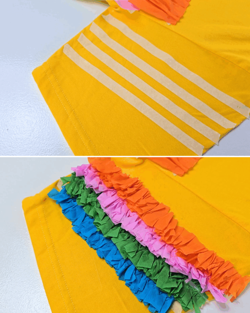 DIY Crepe Paper Crafts - top panel shows the yellow shirt sleeve marked with masking tape stripes at close intervals, bottom panel shows the same sleeve finished with rows of orange, pink, green and blue fringe