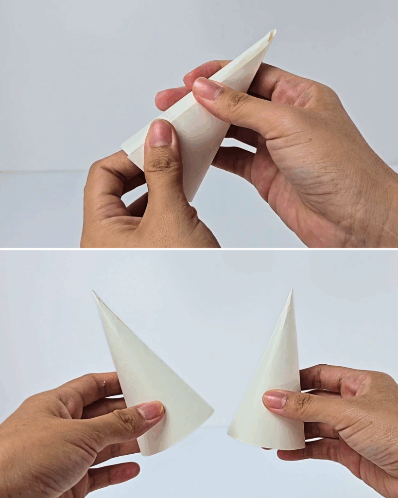 How to Make Cone Horns - top panel shows a hand rolling a white cardboard triangle into a cone, bottom panel shows two finished cones held upright side by side with the tips angled outward