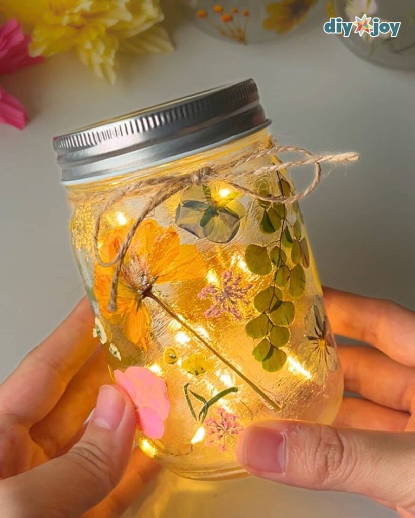 Mason Jar with Pressed Flowers and Fairy Lights