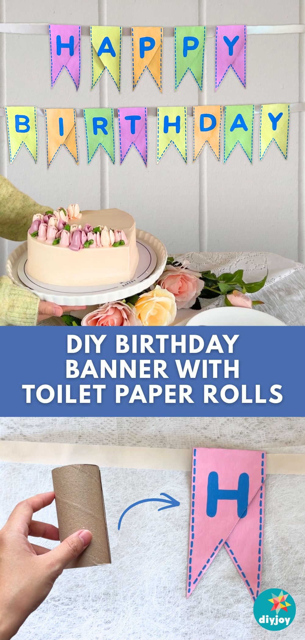 DIY birthday banner using toilet paper rolls