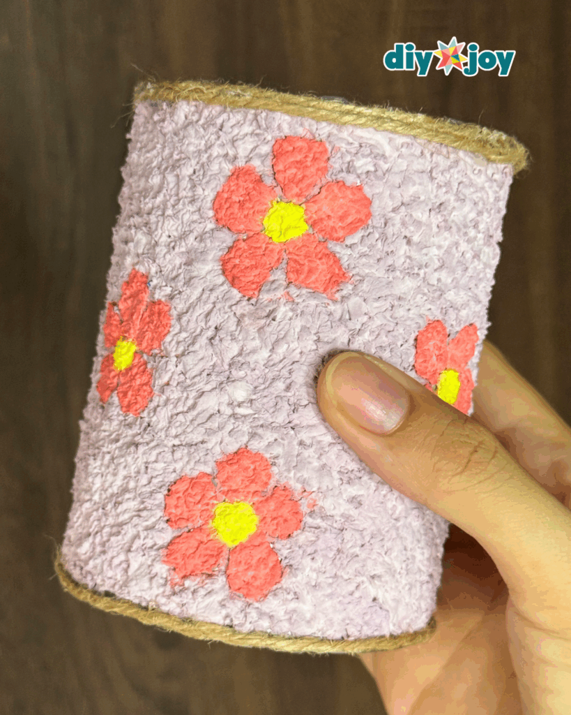 DIY Tin Can Desk Organizer with Paper Mache Flower Design